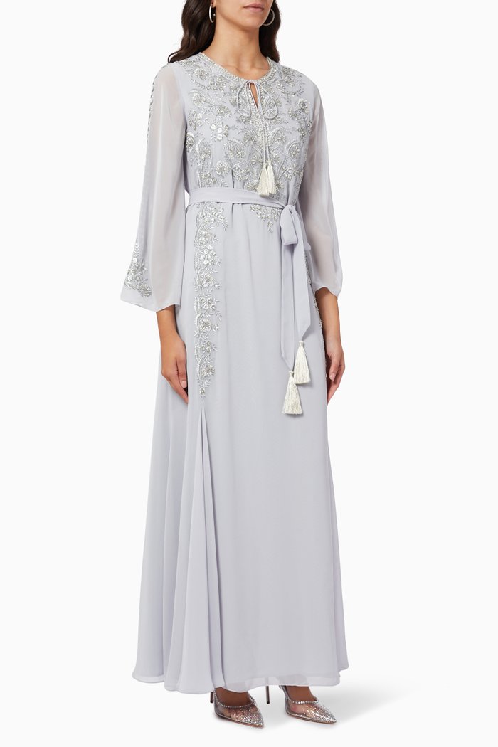 

Klara Embroidered Jalabiya in Chiffon, Grey