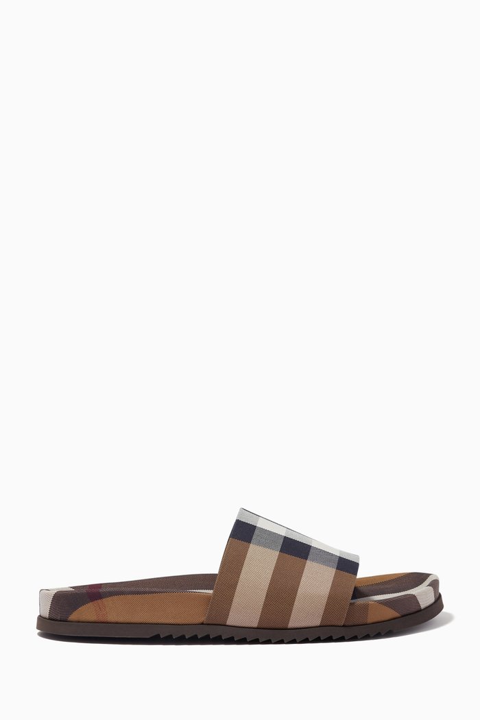 

Check Slide Sandals in Cotton & Leather, Brown
