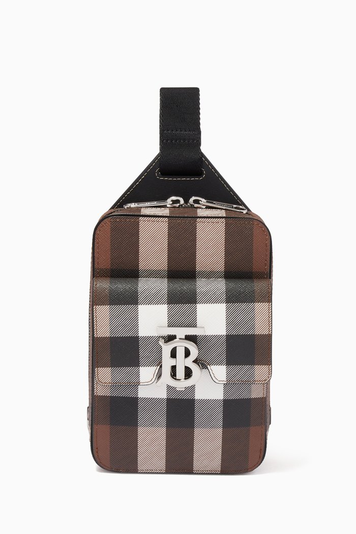 

Theo Monogram Motif Check Crossbody Bag in Leather, Brown