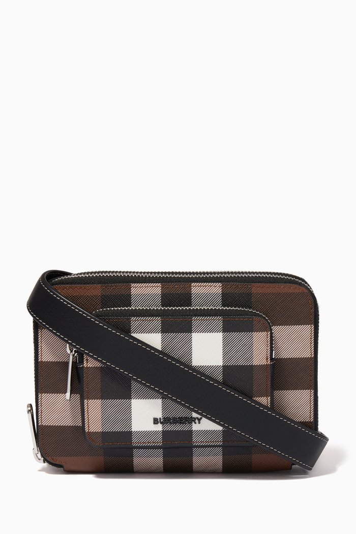 

Check Crossbody Bag in Leather, Brown