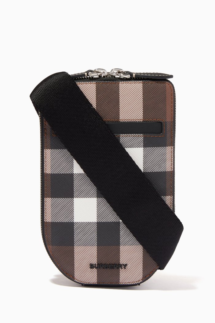 Check Crossbody Phone Case in Leather, Brown