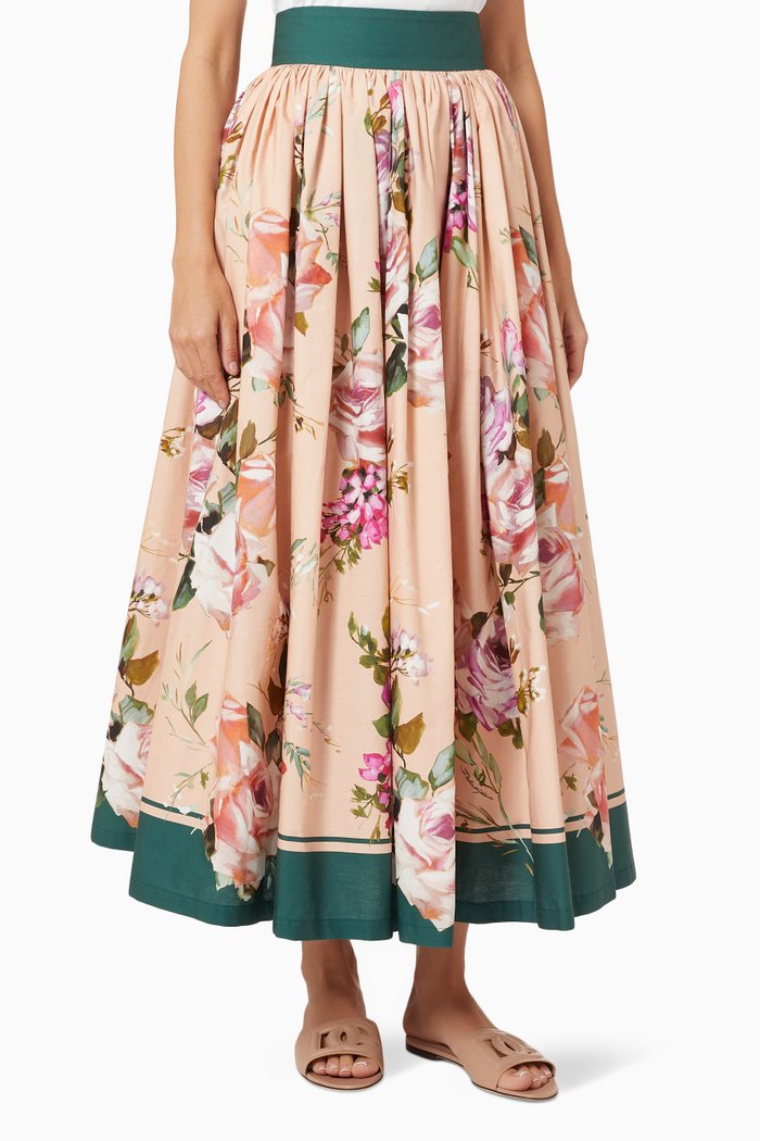 

Floral Midi Skirt in Cotton Poplin, Orange