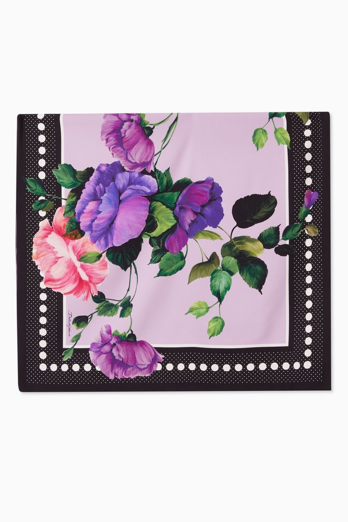 

Floral Headscarf in Silk Crepe de Chine, Purple
