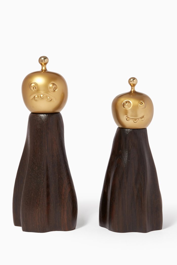 

Haas Fantomes Salt + Pepper Mills Set in Brass & Smoked Oak, Brown