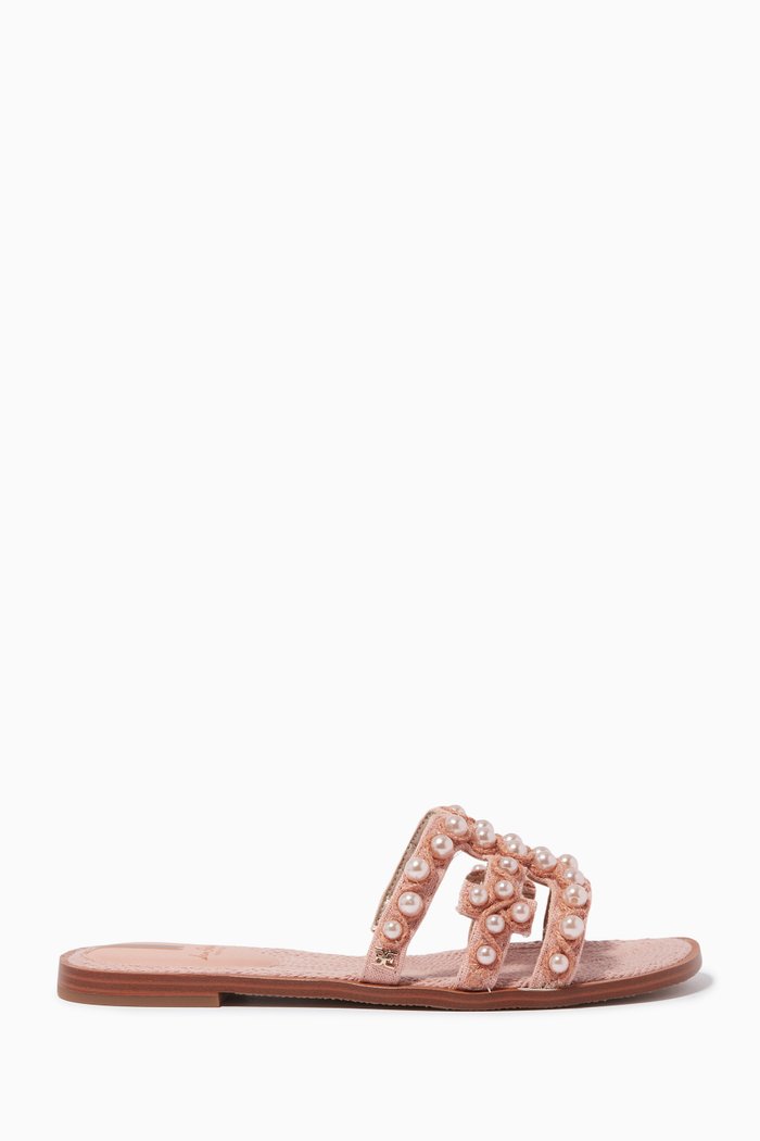 

Bay 22 Slide Sandals in Woven Raffia & Leather, Pink