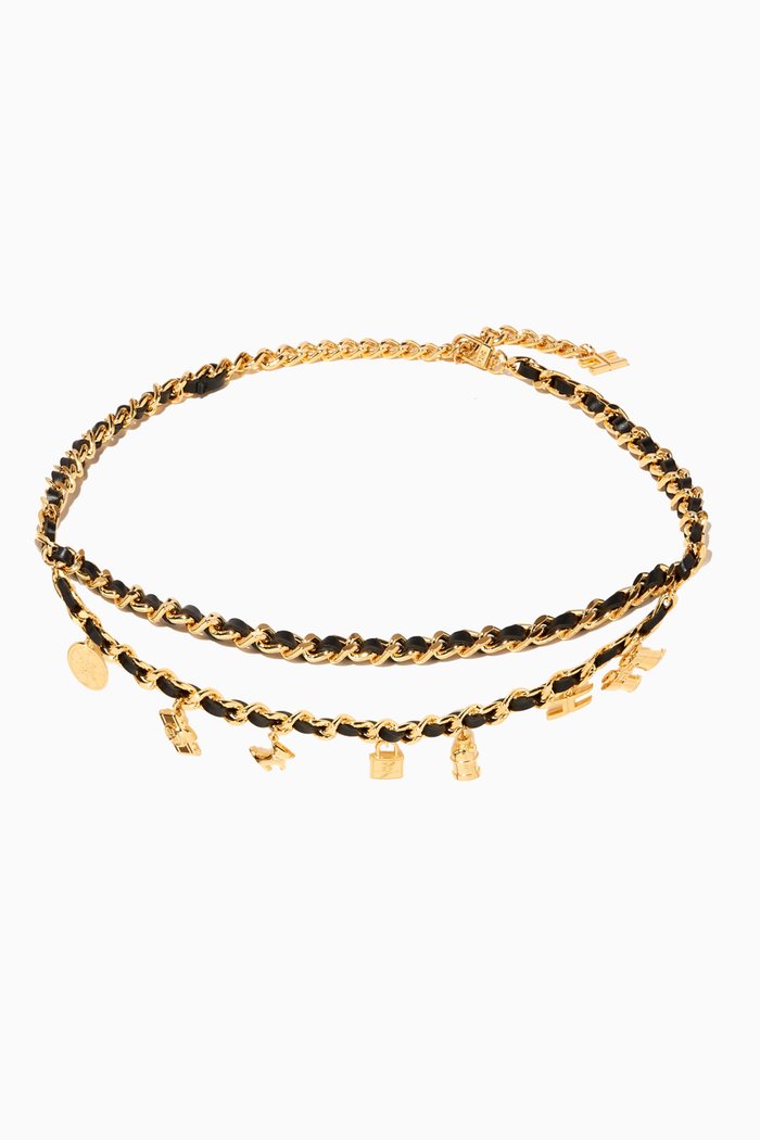 

High-waist Charms Chain Belt in Leather & Metal, Black