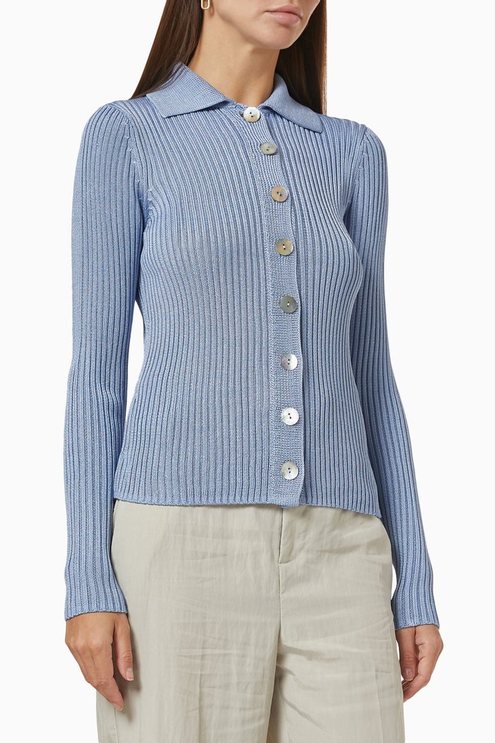 

Collared Cardigan in Ribbed Knit, Blue