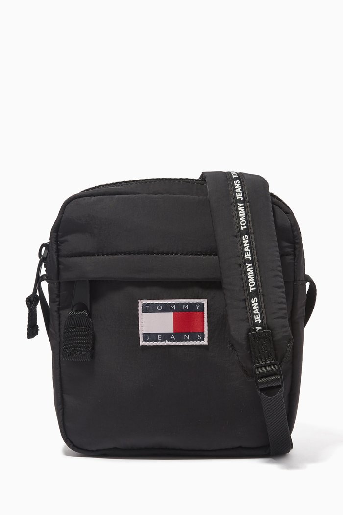 Repeat Logo Tape Small Reporter Bag in Recycled Nylon, Black