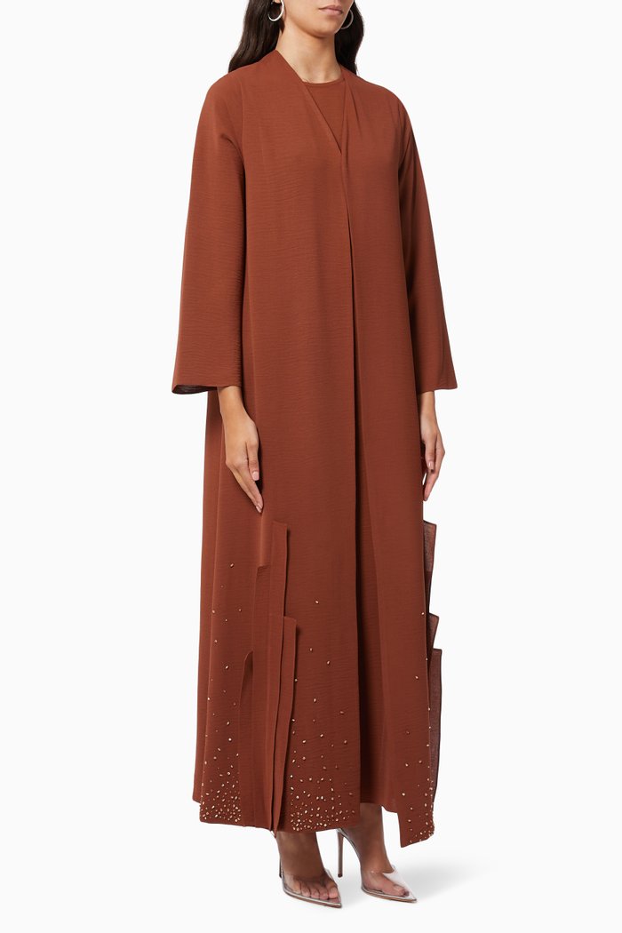 

Crystal Embellished Abaya Set, Brown