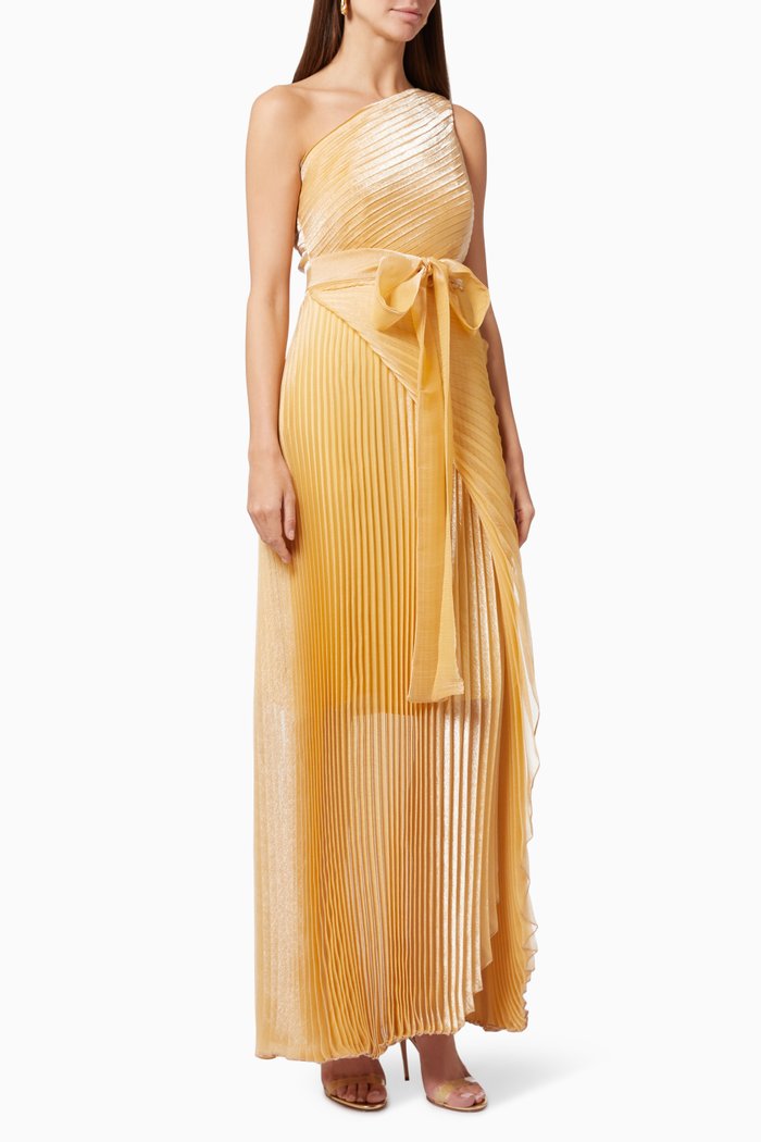 

One Shoulder Gown in Shimmer Plisse, Gold