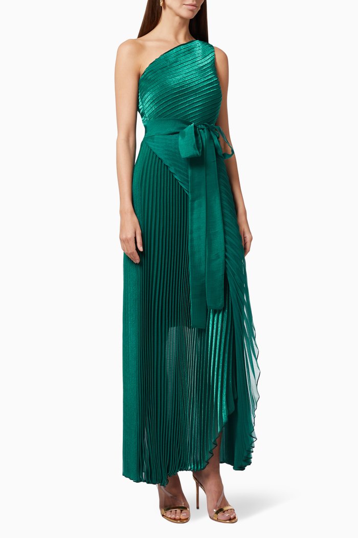 

One Shoulder Gown in Shimmer Plisse, Green