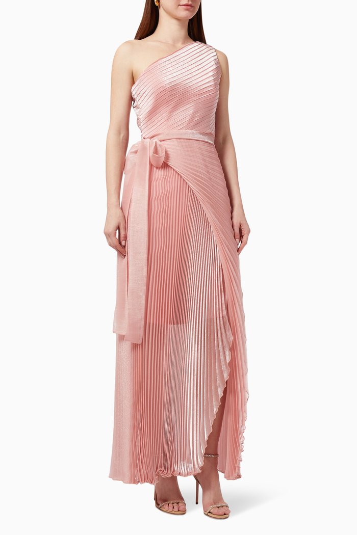 One Shoulder Gown in Shimmer Plisse, Pink