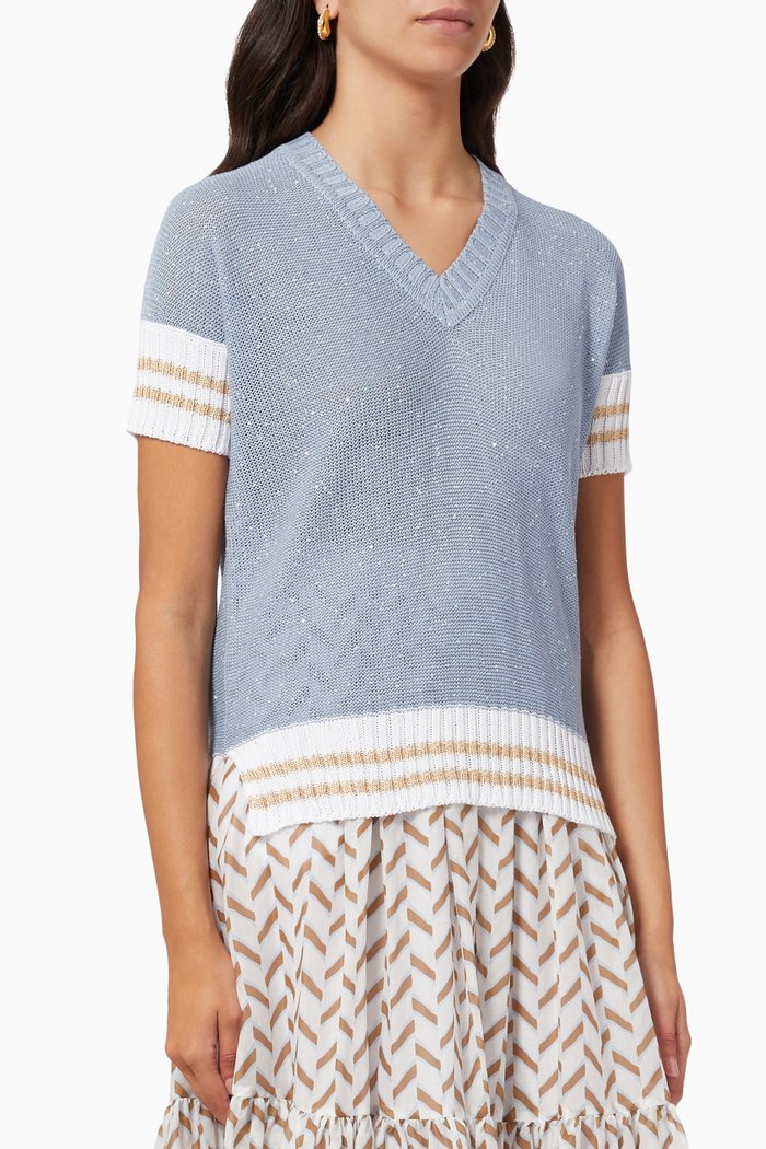 

Striped V-neck Top in Metallic Knit, Blue
