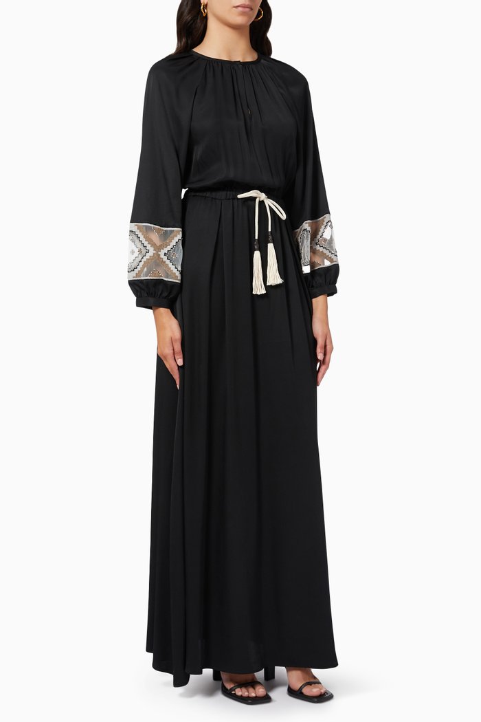 Drawstring Maxi Dress in Cotton, Black