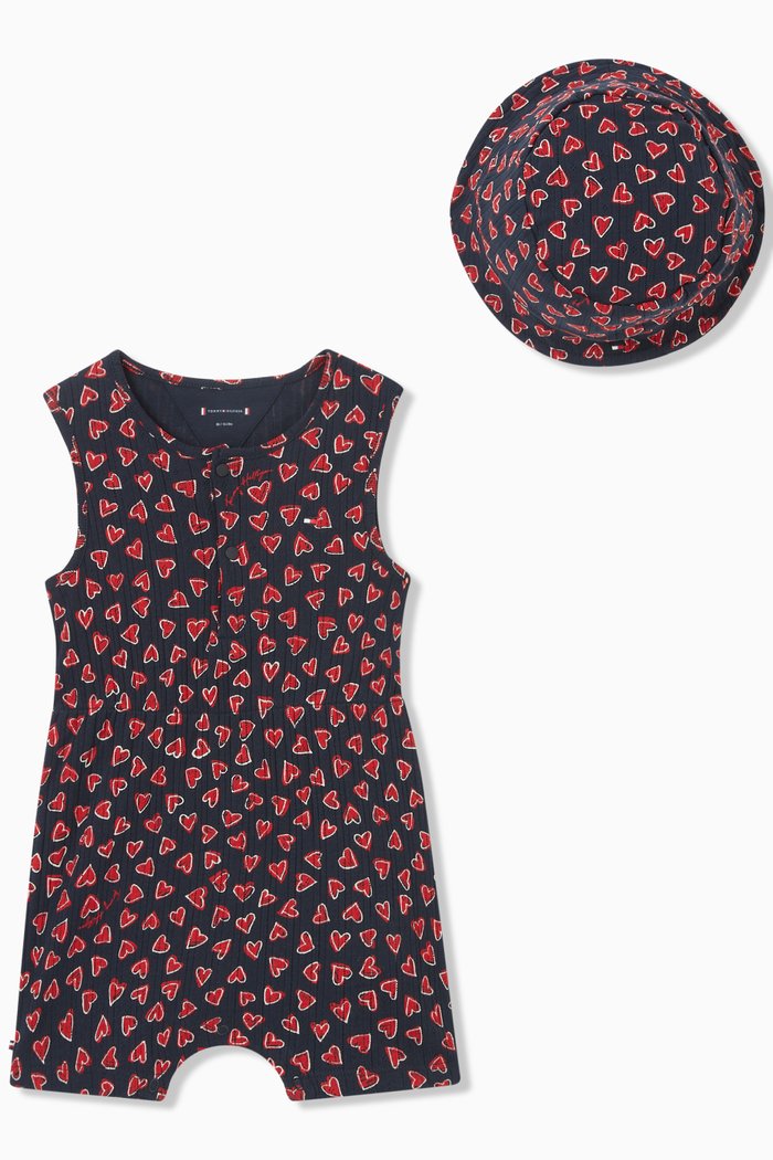 

Heart Print Romper and Hat, Set of Two, Blue