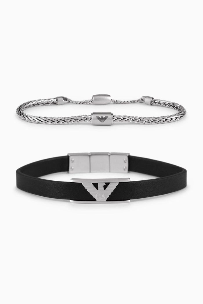 EA Eagle Bracelet Gift Set in Stainless Steel & Leather, Silver