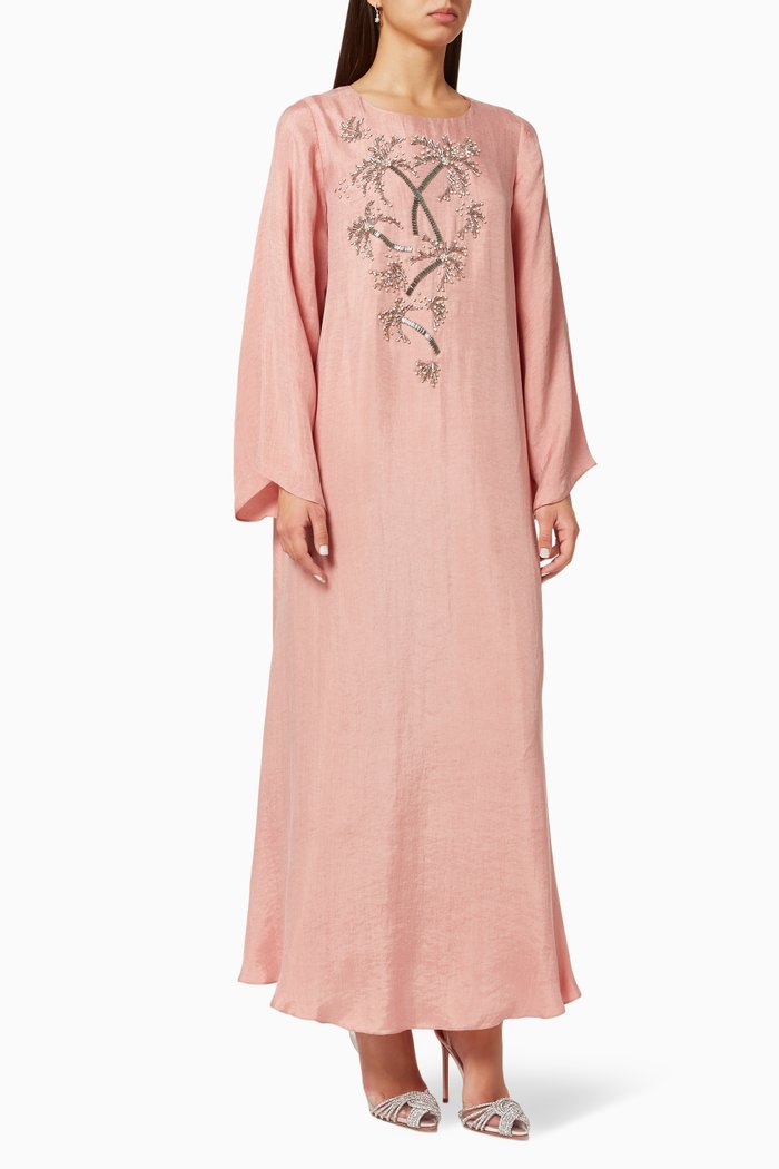 

Palm Tree Embroidered Kaftan in Lyocell, Pink