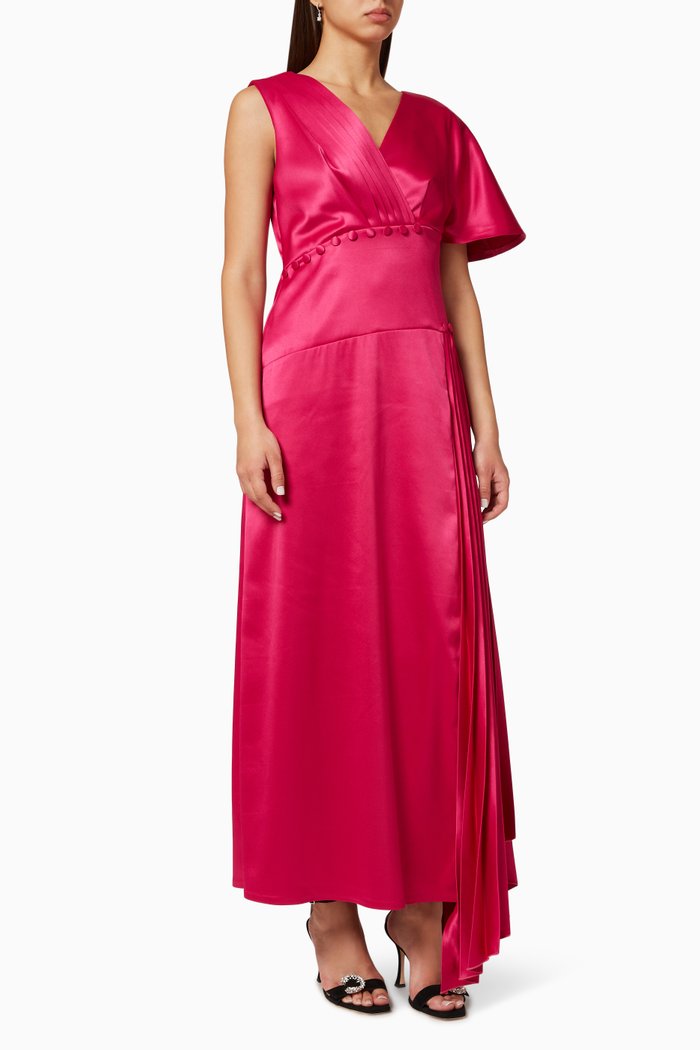 Button Pleated Dress in Satin, Pink