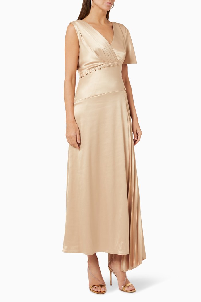 

Button Pleated Dress in Satin, Gold