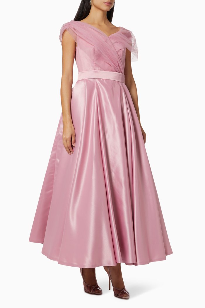 

Off Shoulder Dress in Satin & Tulle, Pink