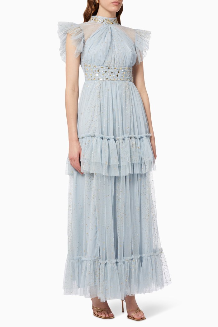 

Ruffle Sleeve Dress in Tulle, Blue