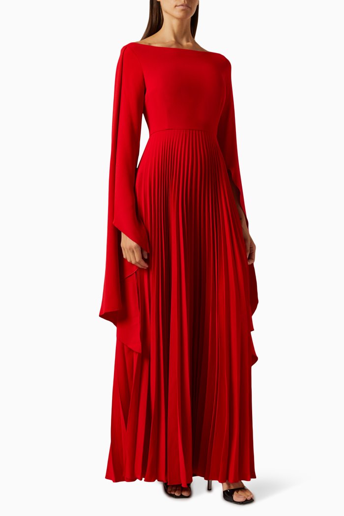 

Novah Pleated Maxi Dress in Woven Crepe, Red