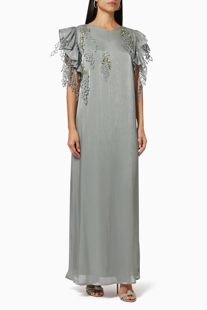 

Embellished Ruffle Sleeve Kaftan, Grey