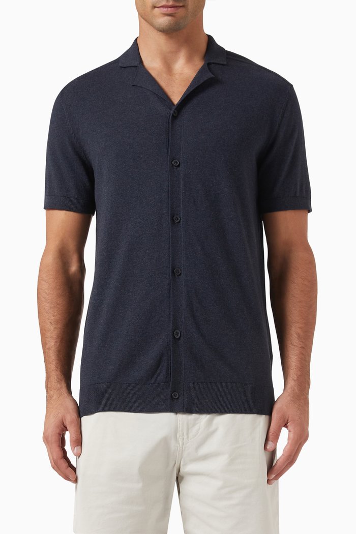 Cuban Collar Cardigan in Cotton Knit, Blue