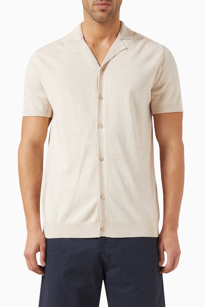 

Cuban Collar Cardigan in Cotton Knit, Neutral