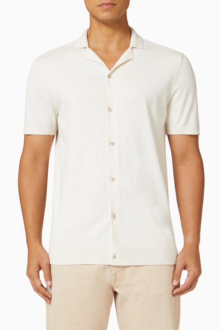 

Cuban Collar Cardigan in Knit Cotton, Neutral