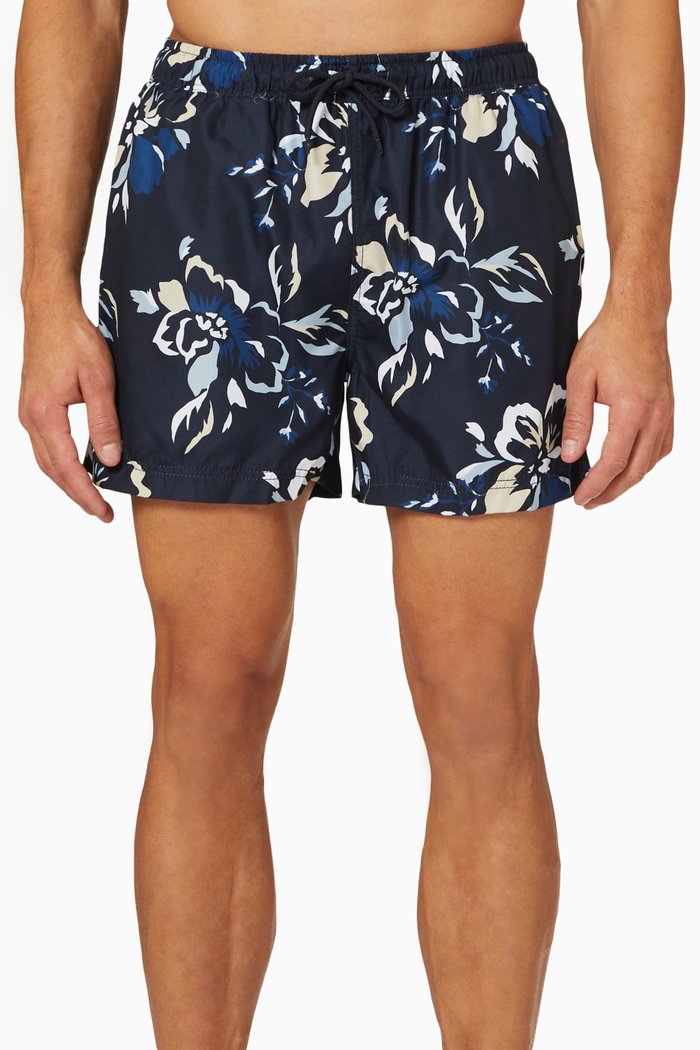 Floral Printed Swim Shorts in Nylon, Black