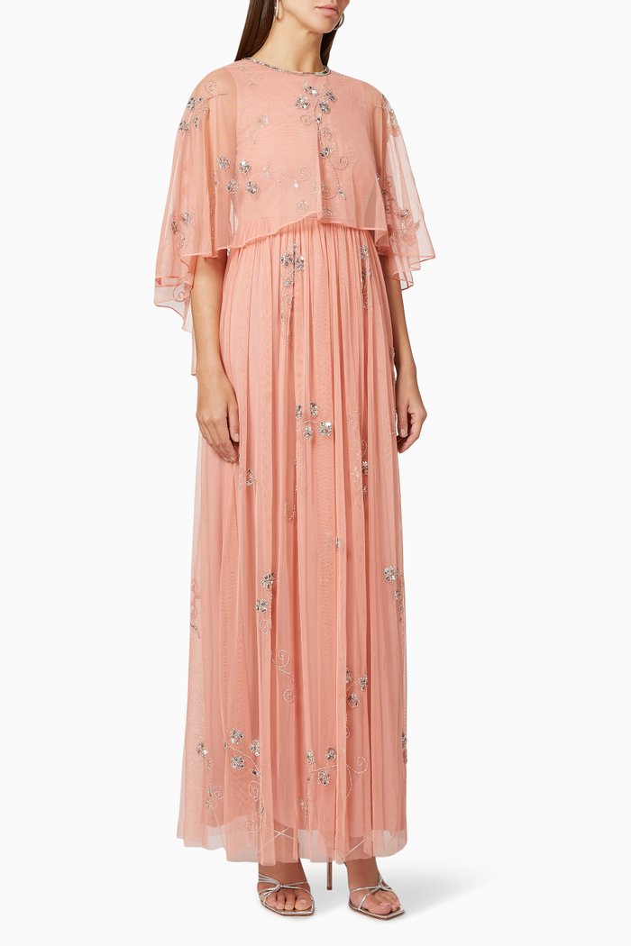 

Sequin Embellished Cape Dress in Tulle, Pink