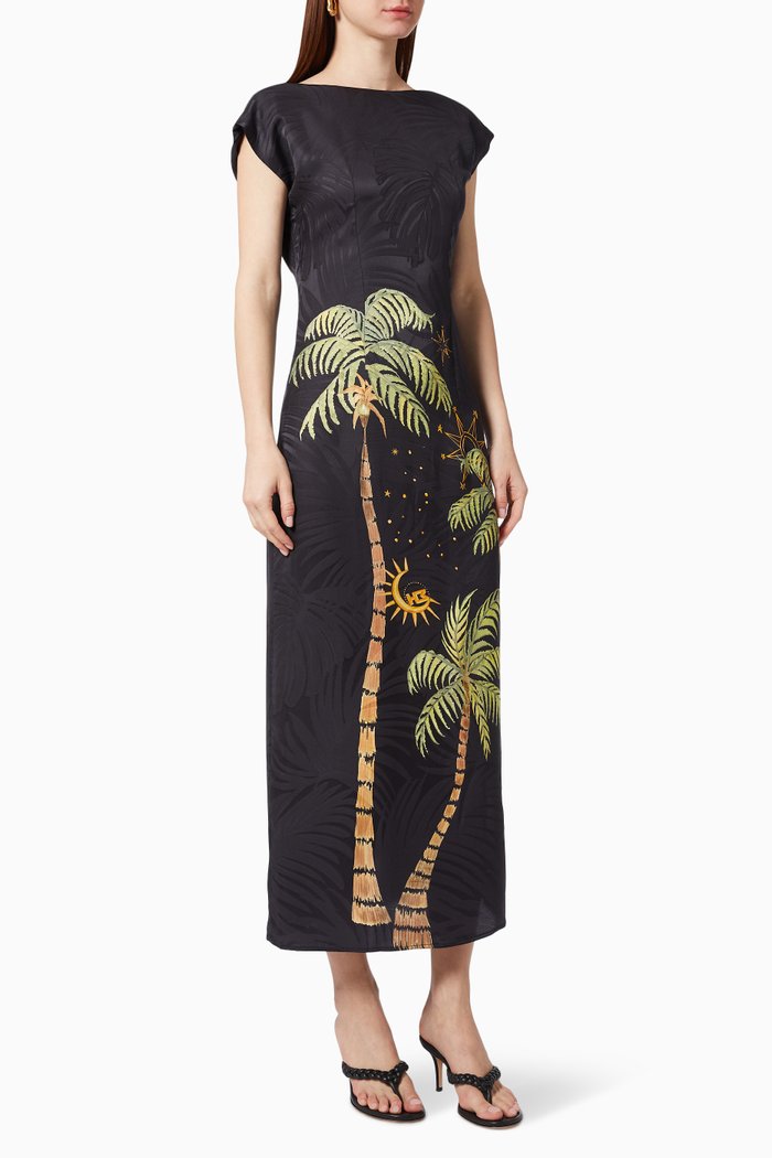 

Palmeiras Backless Maxi Shift Dress in Silk Jacquard, Black
