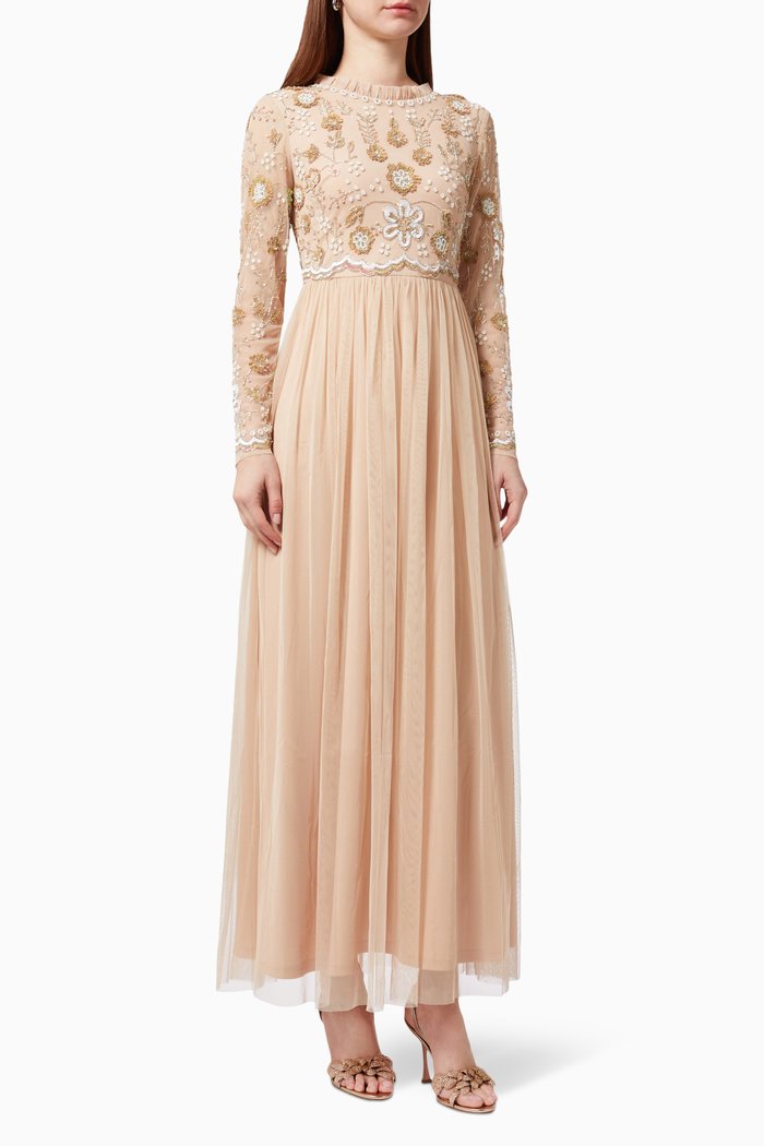 

Long Sleeve Sequin Embellished Dress in Tulle, Pink