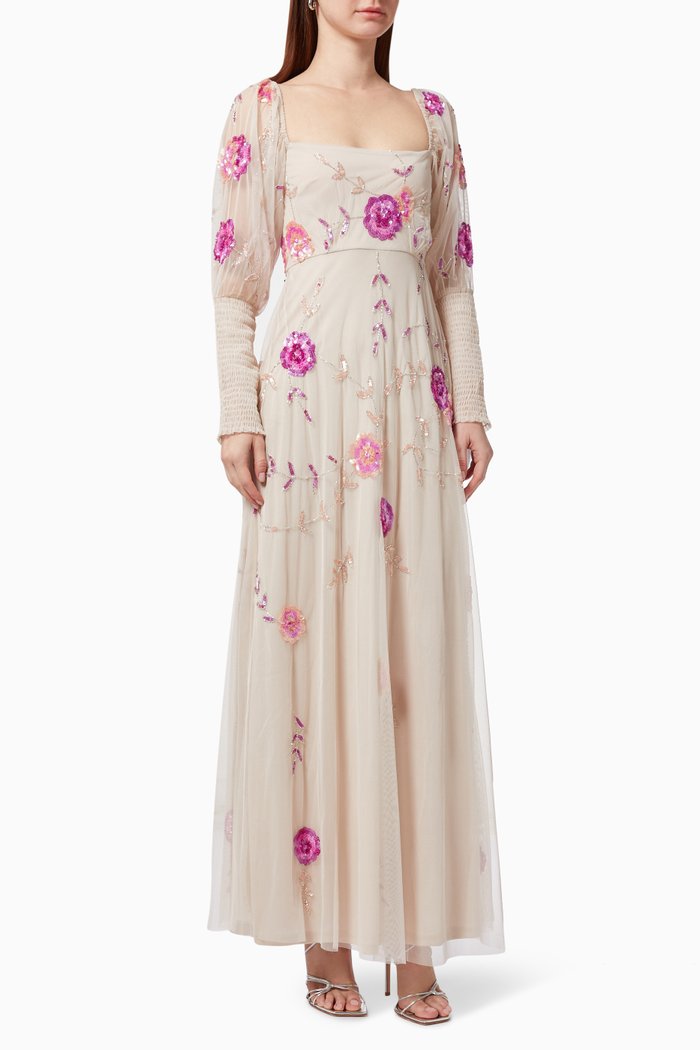 

Long Sleeve Sequin Embellished Dress in Tulle, Pink