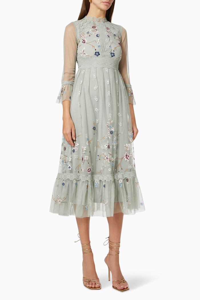 

Floral Embroidered Dress in Tulle, Blue