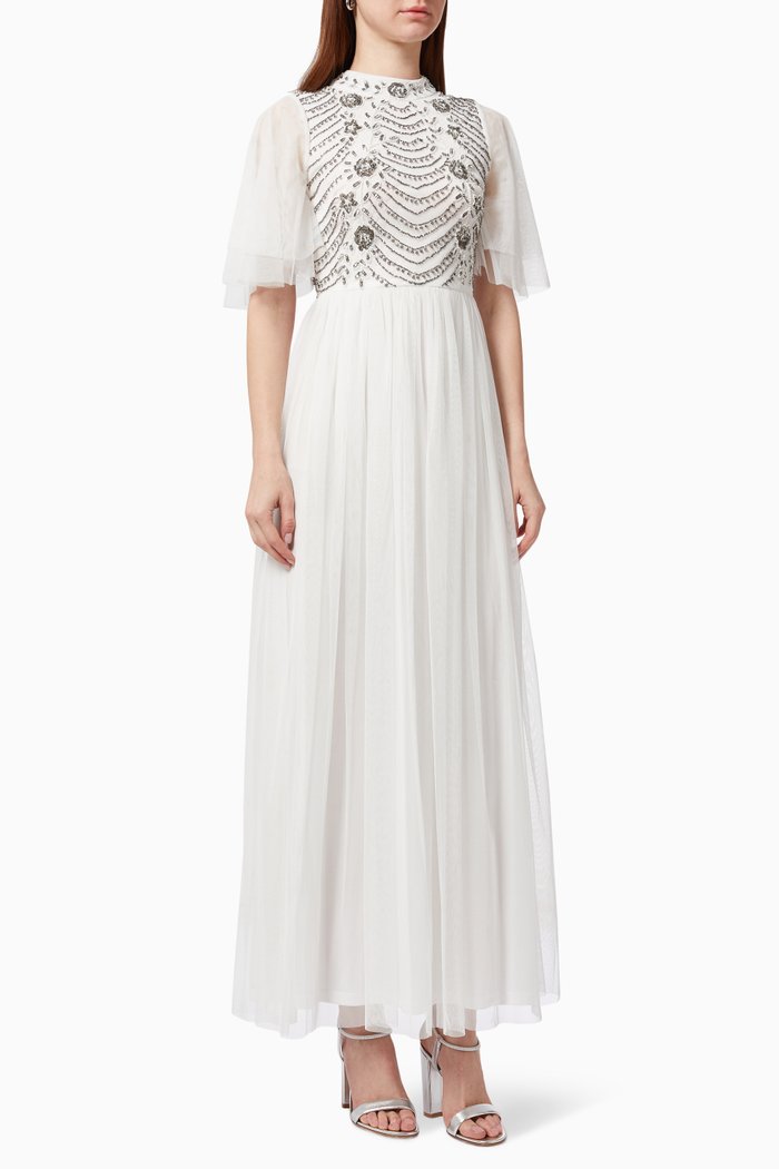 

Floral Beaded Dress in Tulle, White