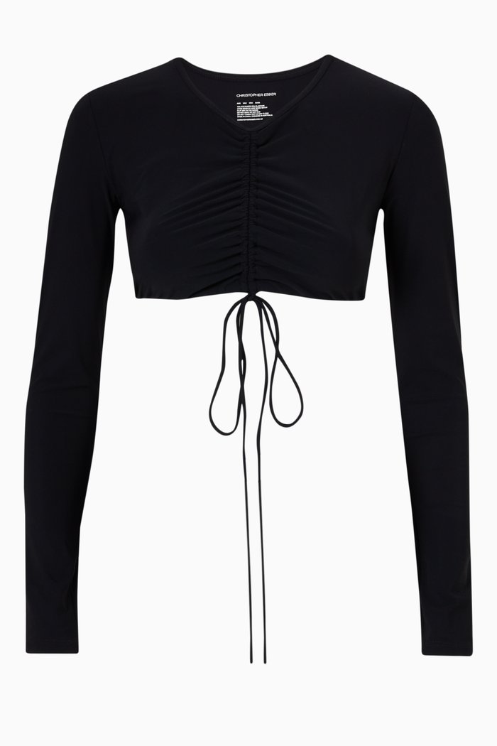 

Ruched Crop Long Sleeve Sun Bikini T-shirt, Black