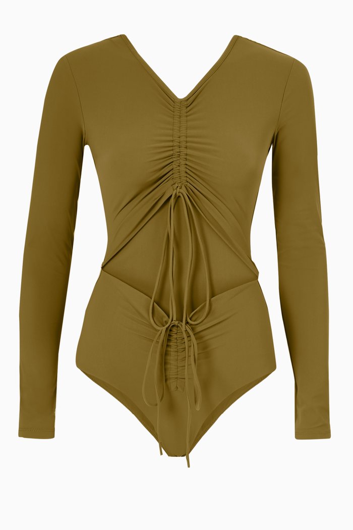 

Ruched Disconnect Long Sleeve One Piece Swimsuit, Brown