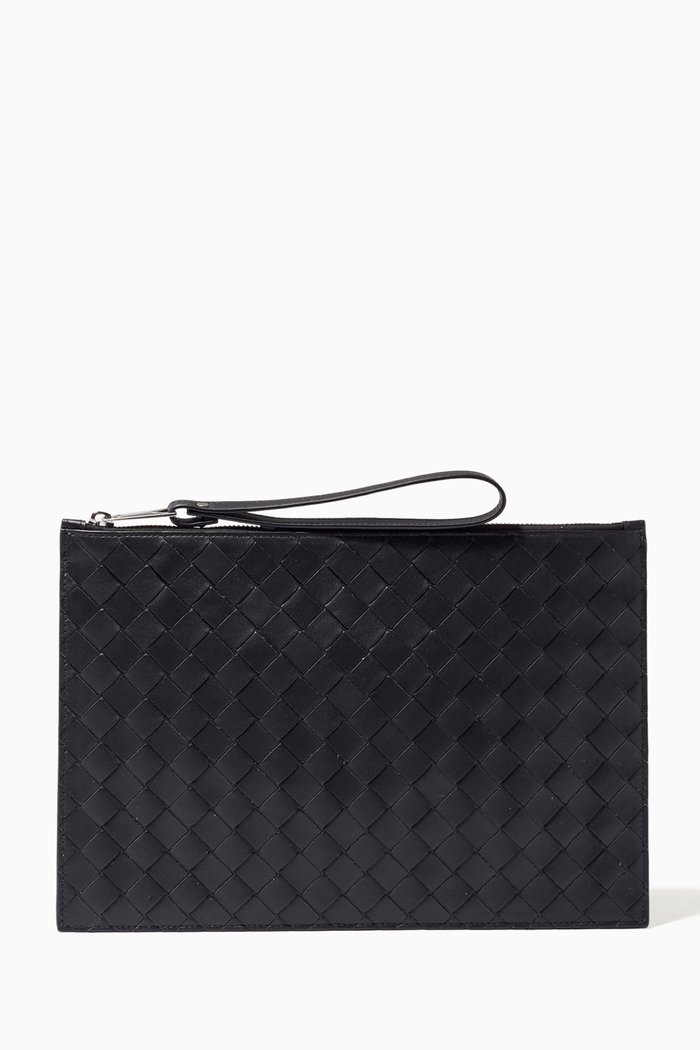 

Flat Pouch in Intrecciato Leather, Black