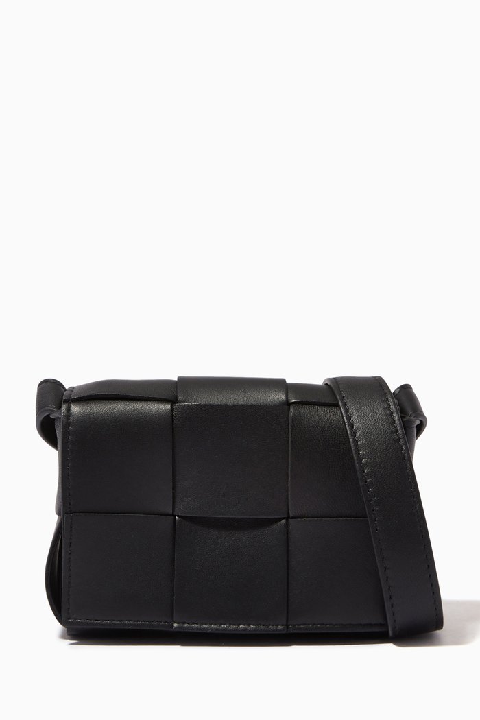 Mini Cassette Crossbody Bag in Intreccio Nappa, Black