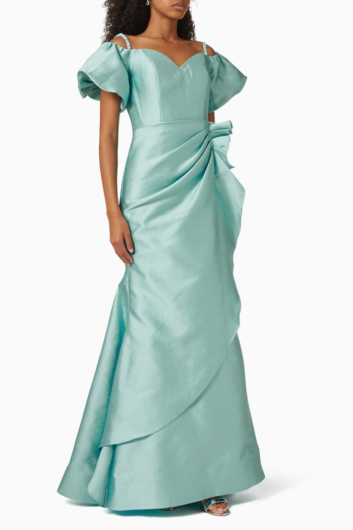 

Sweetheart Neck Ruched Gown in Stretch Mikado, Blue