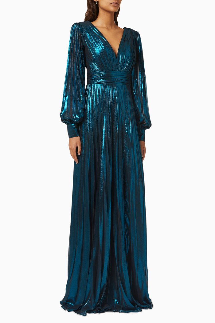 

Pleated High-slit Gown in Metallic Chiffon, Blue