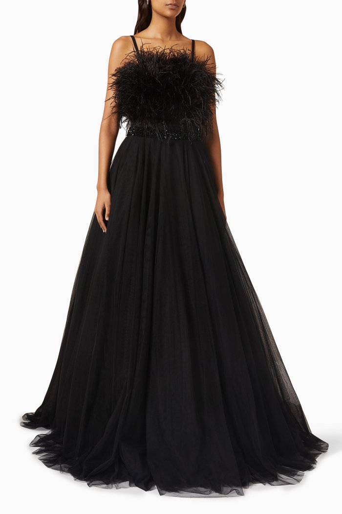 

Strapless Feather-detailed Gown in Tulle, Black