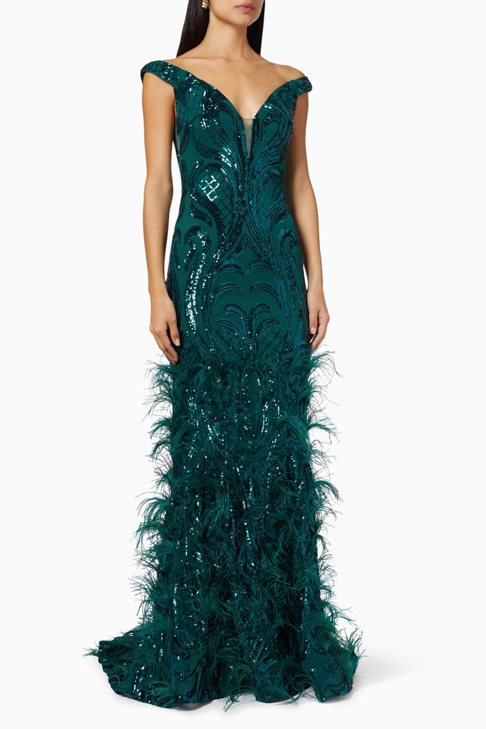 

Feather Embellished Gown, Green