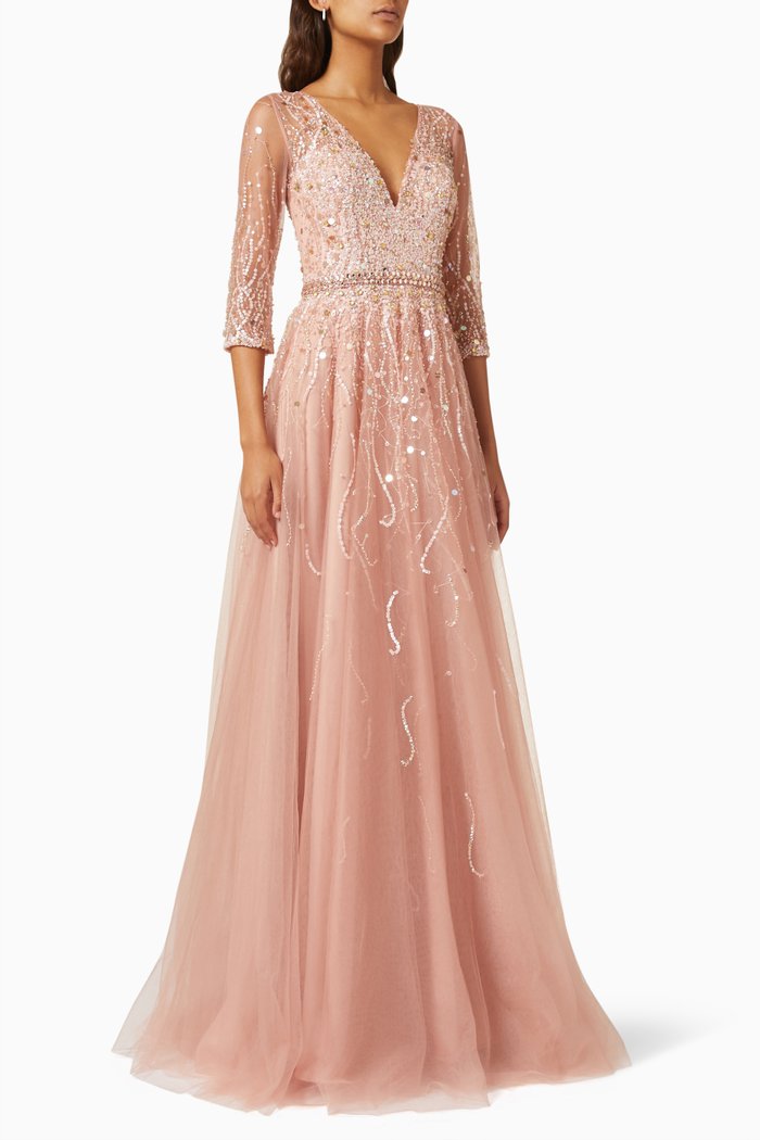 

Embellished V-neck Gown in Tulle, Pink