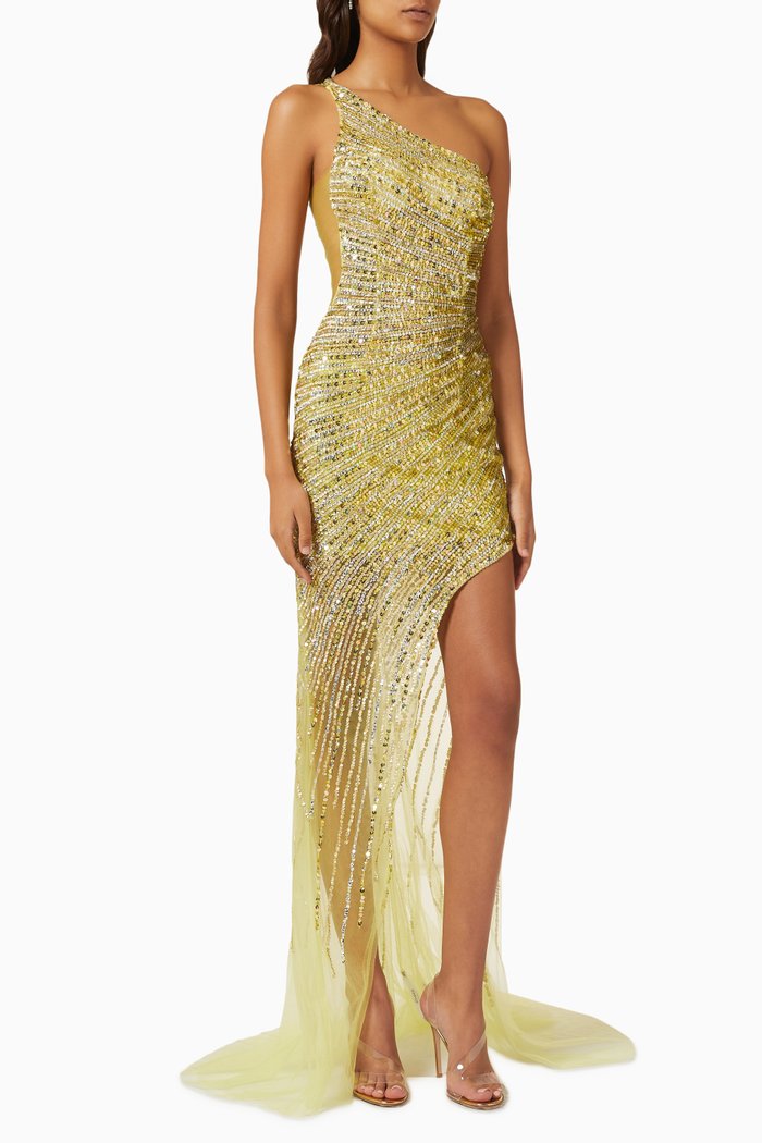 

Embellished One-shoulder Gown in Tulle, Yellow
