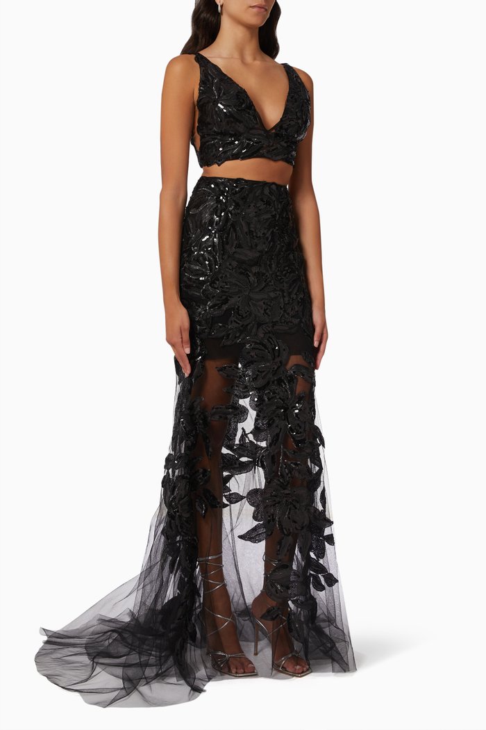 

Sequin Embellished Top & Skirt Set, Black