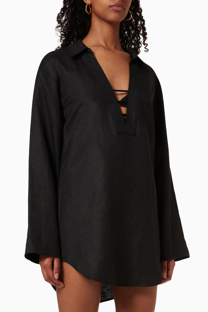 

Pearl Strappy Henley Tunic in Linen, Black