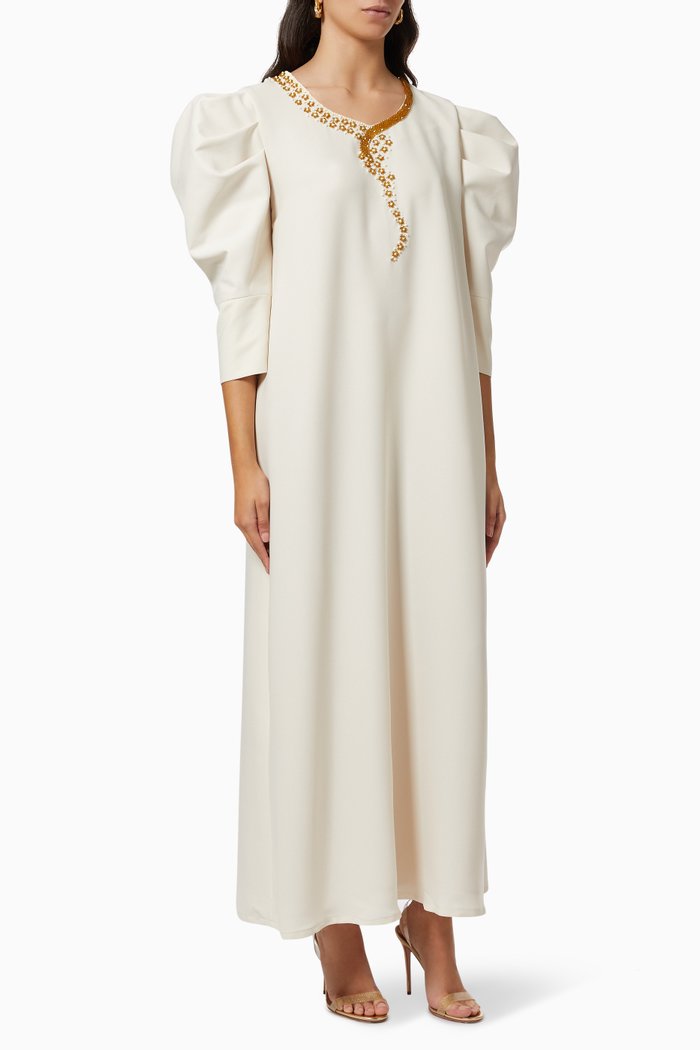

Armoured Sleeve Kaftan in Crepe, White
